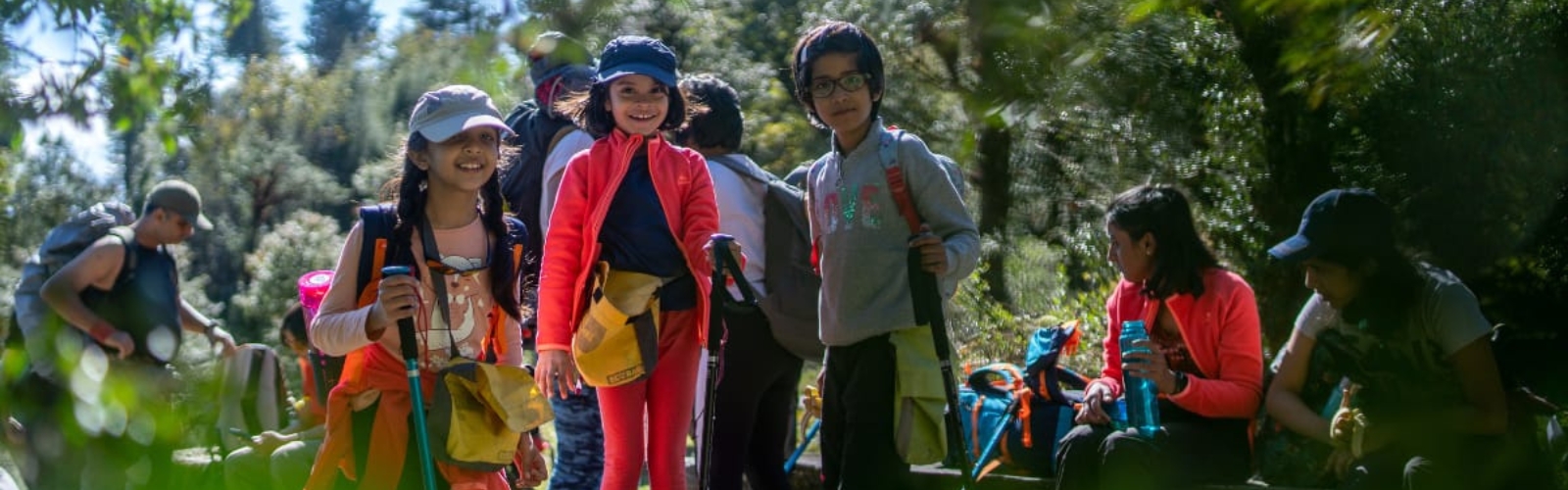 Parents and kids hiking on a beautiful forest trail